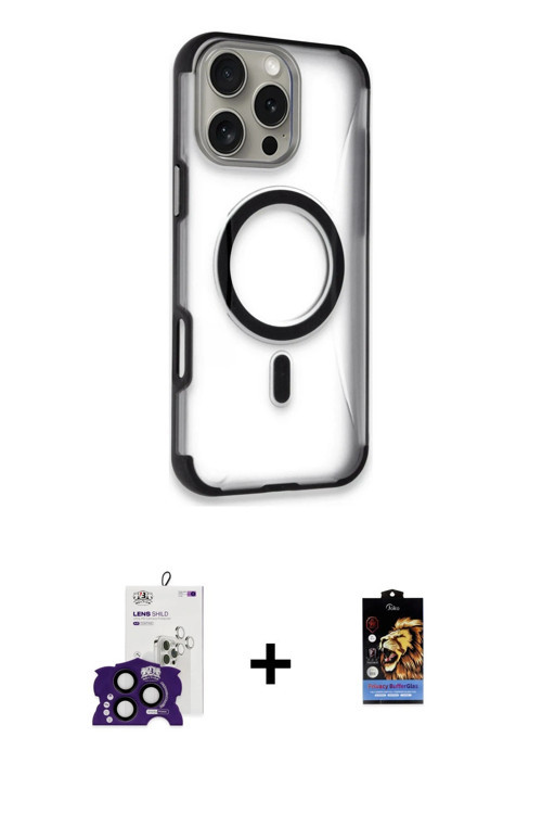 ieg™ iPhone 16 Pro Max Kılıf Eksen Klasik Koleksiyonu - Siyah Buffer Hayalet Cam Ekran Koruyucu + Si