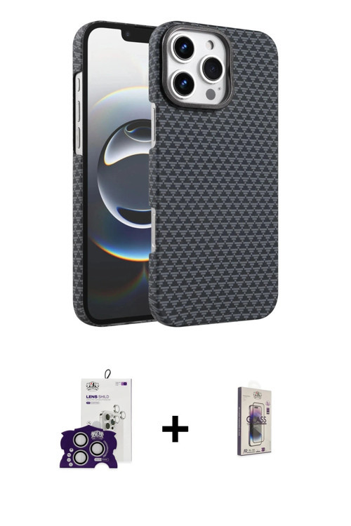ieg™ iPhone 16 Pro Max Kılıf Doruk Serisi - Siyah Bilvis 3D Cam Ekran Koruyucu + Gümüş Bilvis Titan