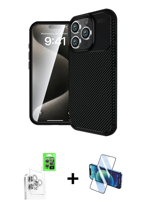 ieg™ iPhone 16 Pro Max Kılıf Eksen Form Prime - Siyah 3D Antistatik Cam Ekran Koruyucu + Beyaz Raze