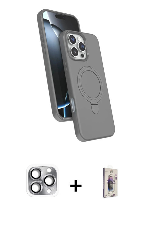 ieg™ iPhone 16 Pro Max Kılıf İz Işık Koleksiyonu - Siyah Bilvis 3D Cam Ekran Koruyucu + Gri Pers Alü