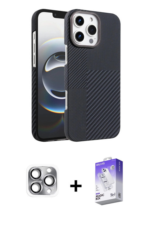 ieg™ iPhone 16 Pro Max Kılıf Doruk Serisi - Siyah Bilvis 5in1 3D Magic Cam Ekran Koruyucu + Gri Pers