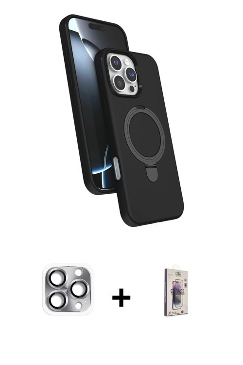 ieg™ iPhone 16 Pro Max Kılıf İz Işık Koleksiyonu - Siyah Bilvis 3D Cam Ekran Koruyucu + Gri Pers Alü