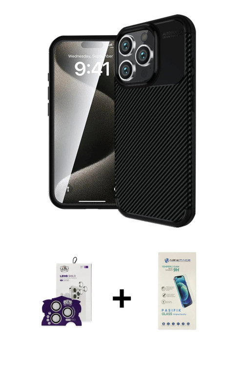 ieg™ iPhone 16 Pro Max Kılıf Eksen Form Prime - Şeffaf Pasifik Cam Ekran Koruyucu + Gümüş Bilvis Tit