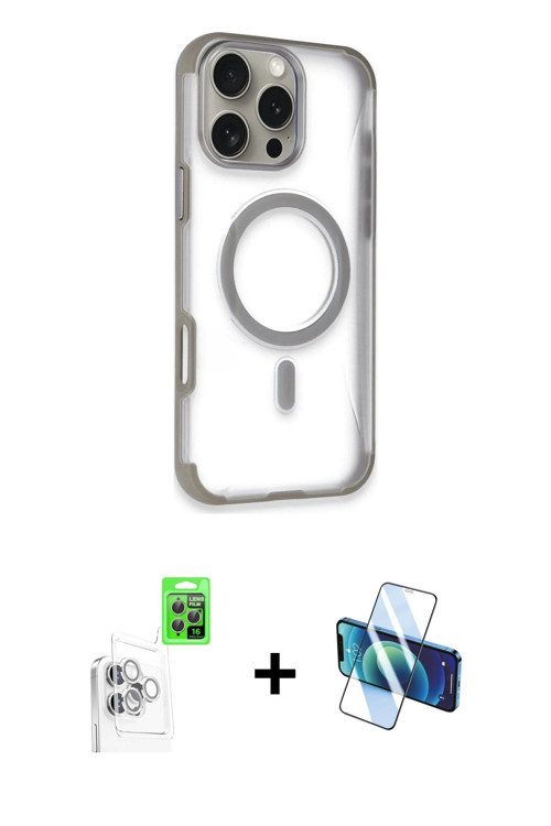 ieg™ iPhone 16 Pro Max Kılıf Eksen Klasik Koleksiyonu - Siyah 3D Antistatik Cam Ekran Koruyucu + Bey