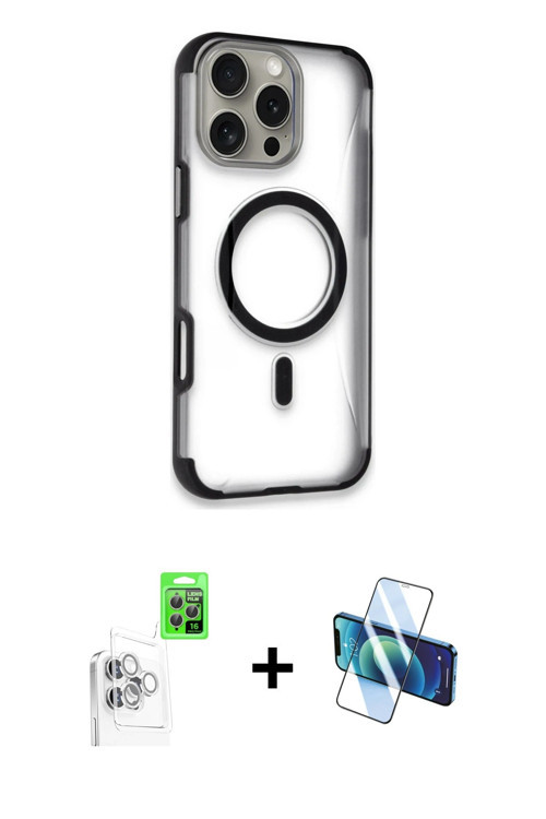 ieg™ iPhone 16 Pro Max Kılıf Eksen Klasik Koleksiyonu - Siyah 3D Antistatik Cam Ekran Koruyucu + Bey