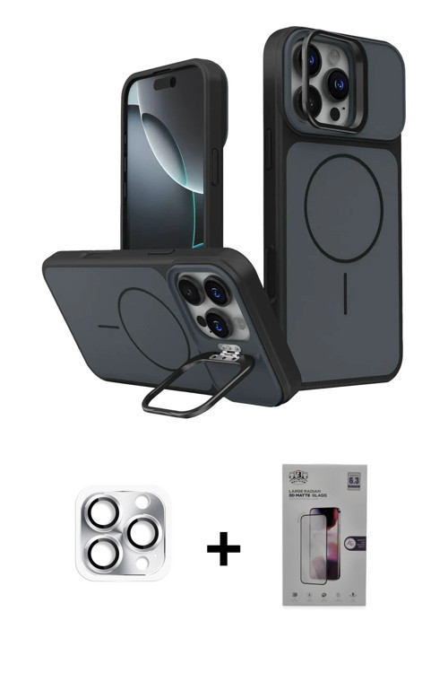 ieg™ iPhone 16 Pro Max Kılıf İz Modern Prime - Siyah Bilvis 3D Mat Cam Ekran Koruyucu + Gümüş Pers A