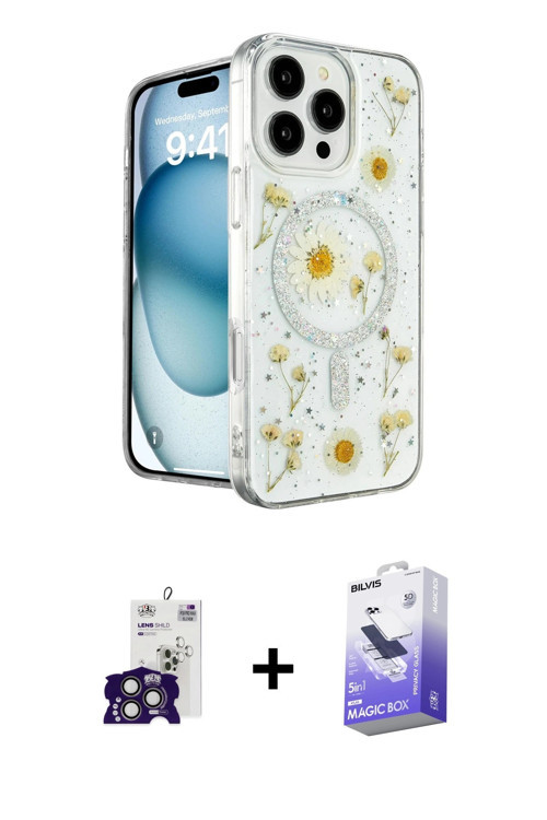 ieg™ iPhone 16 Pro Max Kılıf Kozmos Doku - Siyah Bilvis 5in1 5D Magic Hayalet Cam Ekran Koruyucu + T