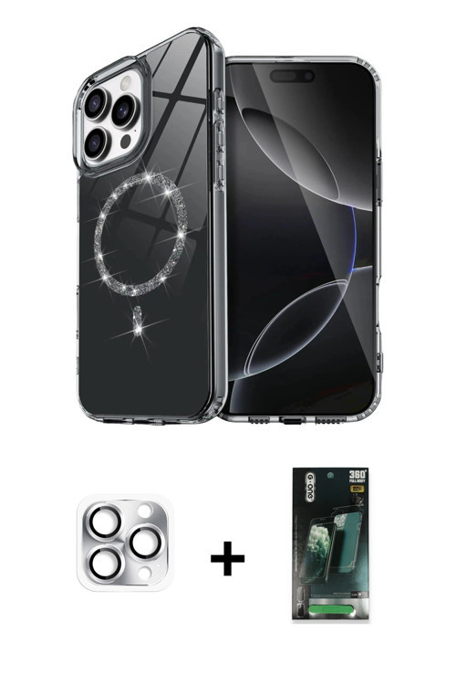 ieg™ iPhone 16 Pro Max Kılıf Kıvılcım Form Prime - Siyah 360 Mat Full Body Arka Koruyucu + Gümüş Per
