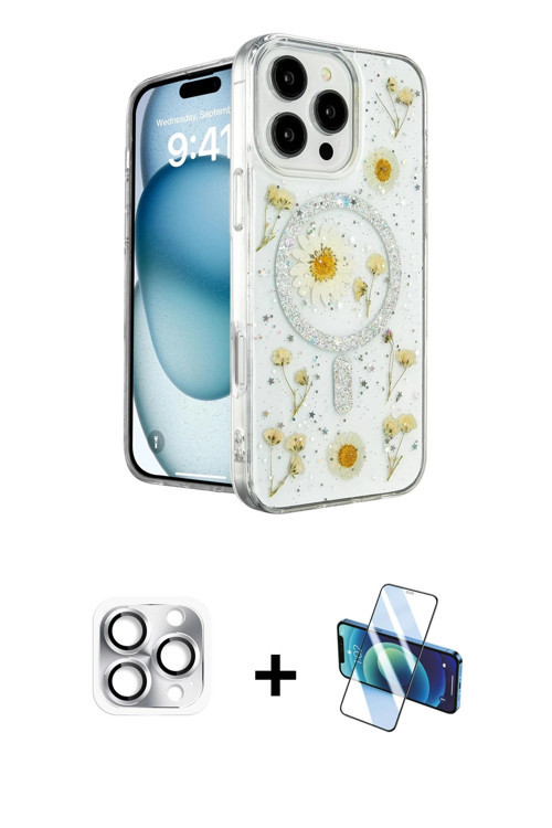 ieg™ iPhone 16 Pro Max Kılıf Kozmos Doku - Siyah 3D Antistatik Cam Ekran Koruyucu + Gümüş Pers Alümi