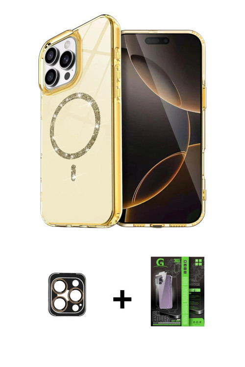 ieg™ iPhone 16 Pro Max Kılıf Kıvılcım Form Prime - Şeffaf 360 Full Body Arka Koruyucu + Gold PVD Met