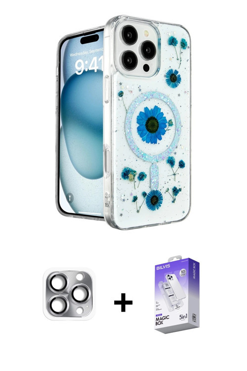 ieg™ iPhone 16 Pro Max Kılıf Kozmos Doku - Siyah Bilvis 5in1 3D Magic Cam Ekran Koruyucu + Gri Pers