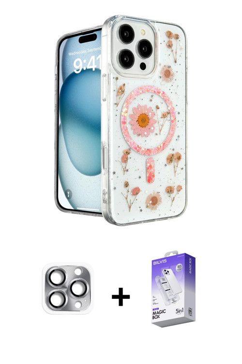 ieg™ iPhone 16 Pro Max Kılıf Kozmos Doku - Siyah Bilvis 5in1 3D Magic Cam Ekran Koruyucu + Gri Pers