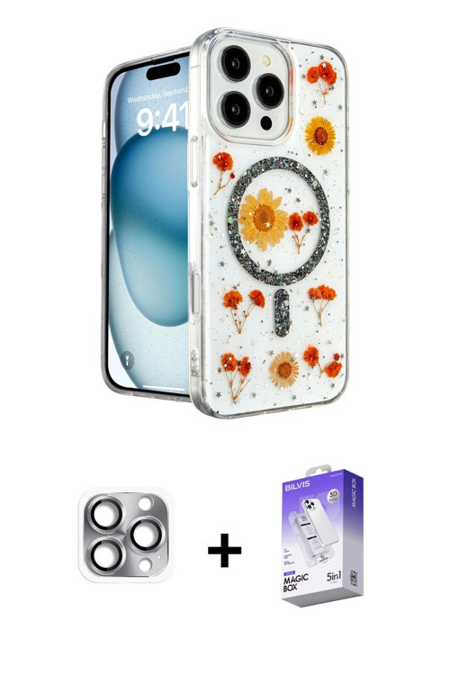 ieg™ iPhone 16 Pro Max Kılıf Kozmos Doku - Siyah Bilvis 5in1 3D Magic Cam Ekran Koruyucu + Gri Pers