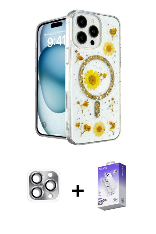 ieg™ iPhone 16 Pro Max Kılıf Kozmos Doku - Siyah Bilvis 5in1 3D Magic Cam Ekran Koruyucu + Gri Pers