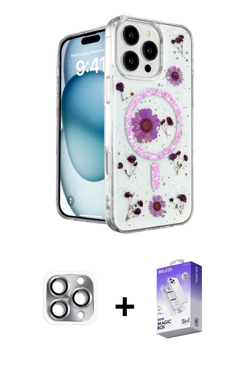 ieg™ iPhone 16 Pro Max Kılıf Kozmos Doku - Siyah Bilvis 5in1 3D Magic Cam Ekran Koruyucu + Gri Pers