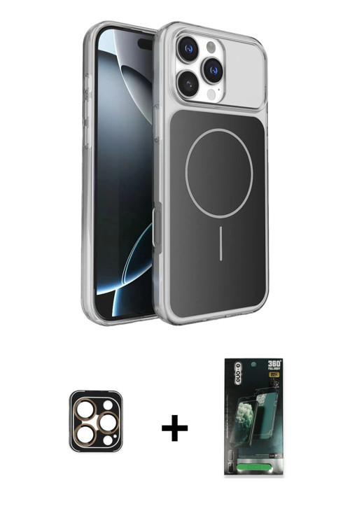 ieg™ iPhone 16 Pro Max Kılıf Kutup Doku Serisi - Siyah 360 Mat Full Body Arka Koruyucu + Gold PVD Me