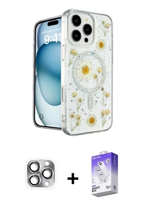 ieg™ iPhone 16 Pro Max Kılıf Kozmos Doku - Siyah Bilvis 5in1 3D Magic Cam Ekran Koruyucu + Gri Pers