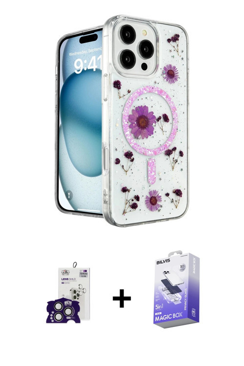 ieg™ iPhone 16 Pro Max Kılıf Kozmos Doku - Siyah Bilvis 5in1 5D Magic Hayalet Cam Ekran Koruyucu + T