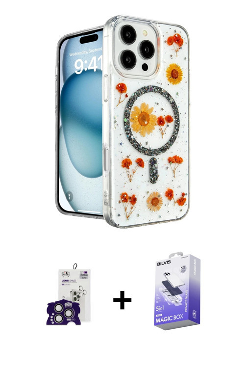ieg™ iPhone 16 Pro Max Kılıf Kozmos Doku - Siyah Bilvis 5in1 5D Magic Hayalet Cam Ekran Koruyucu + T
