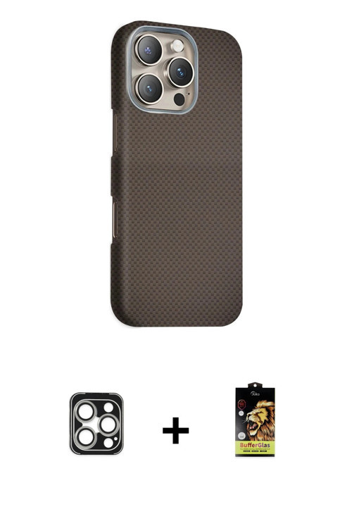 ieg™ iPhone 16 Pro Max Kılıf Kozmos Klasik Prime - Siyah Buffer Cam Ekran Koruyucu + Gümüş PVD Metal