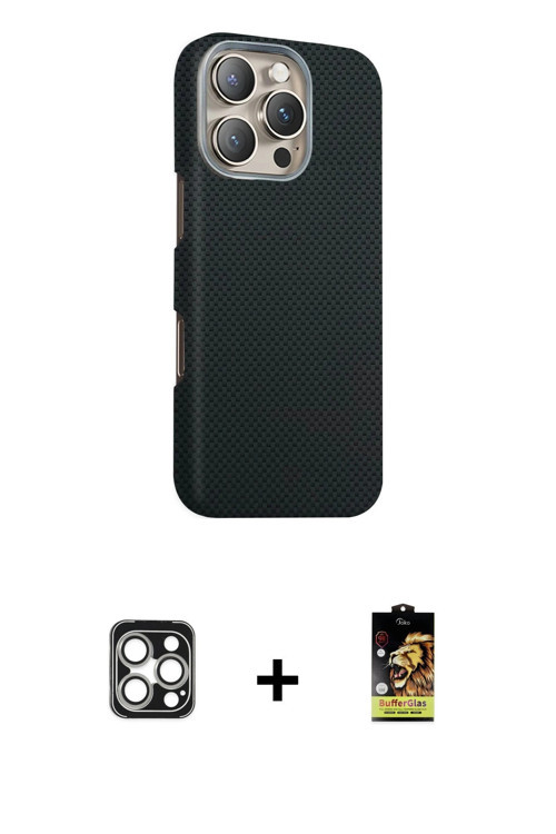 ieg™ iPhone 16 Pro Max Kılıf Kozmos Klasik Prime - Siyah Buffer Cam Ekran Koruyucu + Gümüş PVD Metal