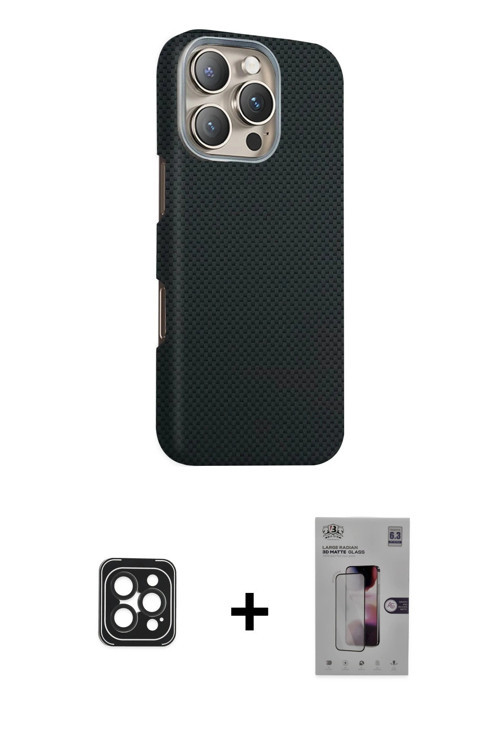 ieg™ iPhone 16 Pro Max Kılıf Kozmos Klasik Prime - Siyah Bilvis 3D Mat Cam Ekran Koruyucu + Siyah PV