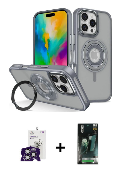 ieg™ iPhone 16 Pro Max Kılıf Nova Minimal Serisi - Siyah 360 Mat Full Body Arka Koruyucu + Gümüş Bil