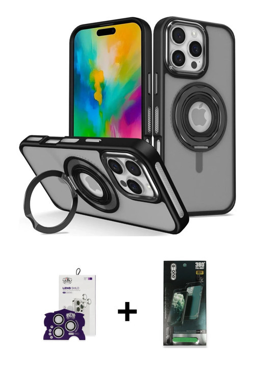 ieg™ iPhone 16 Pro Max Kılıf Nova Minimal Serisi - Siyah 360 Mat Full Body Arka Koruyucu + Gümüş Bil