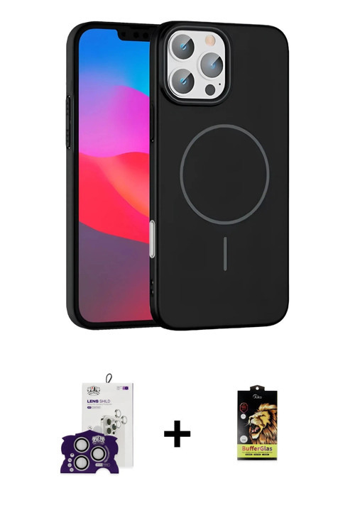 ieg™ iPhone 16 Pro Max Kılıf Siluet Doku Özel Seri - Siyah Buffer Cam Ekran Koruyucu + Gümüş Bilvis