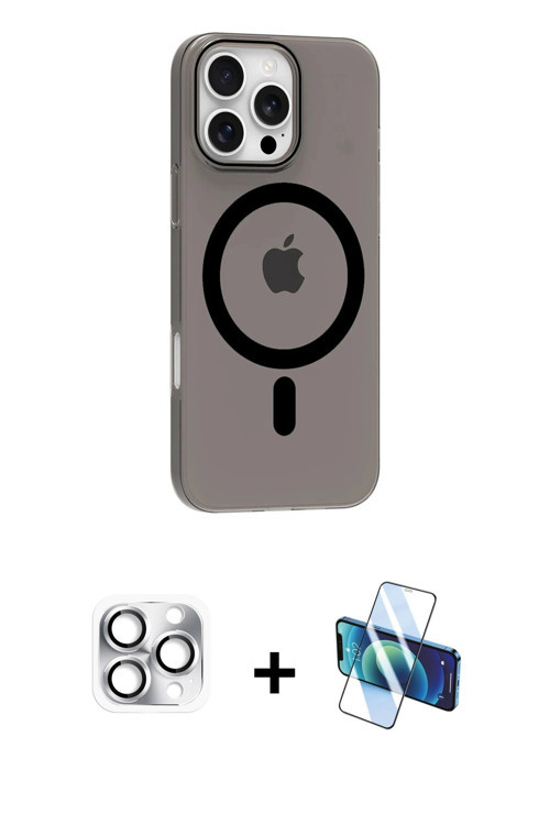 ieg™ iPhone 16 Pro Max Kılıf Pusula Form Özel Seri - Siyah 3D Antistatik Cam Ekran Koruyucu + Gümüş