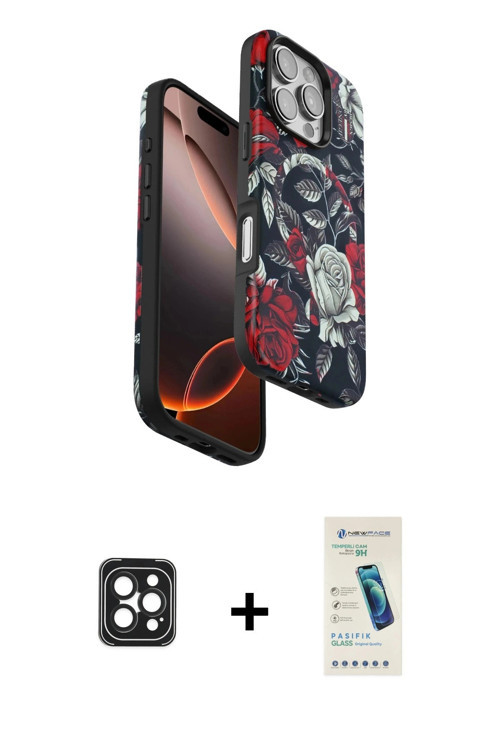 ieg™ iPhone 16 Pro Max Kılıf Siluet Doku - Şeffaf Pasifik Cam Ekran Koruyucu + Siyah PVD Metal Kamer