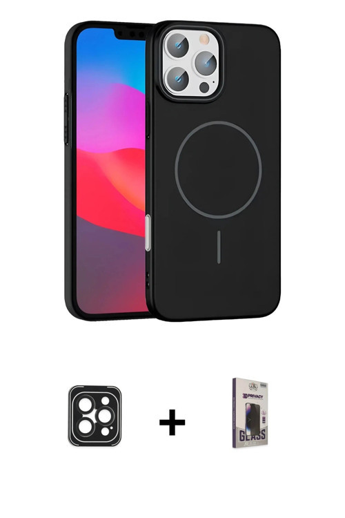 ieg™ iPhone 16 Pro Max Kılıf Siluet Doku Özel Seri - Siyah Bilvis Hayalet Cam Ekran Koruyucu + Siyah