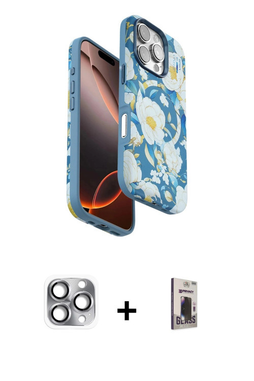 ieg™ iPhone 16 Pro Max Kılıf Siluet Doku - Siyah Bilvis Hayalet Cam Ekran Koruyucu + Gri Pers Alümin