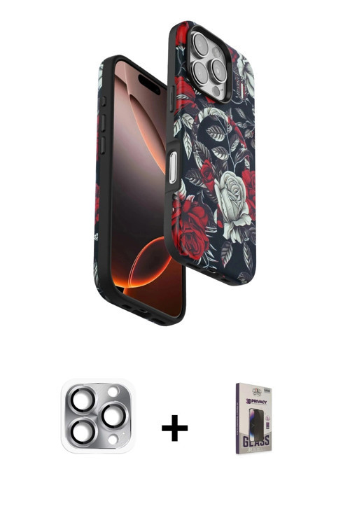 ieg™ iPhone 16 Pro Max Kılıf Siluet Doku - Siyah Bilvis Hayalet Cam Ekran Koruyucu + Gri Pers Alümin