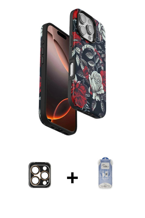 ieg™ iPhone 16 Pro Max Kılıf Siluet Doku - Siyah Joko Magic 5D Cam + Gold PVD Metal Kamera Lens