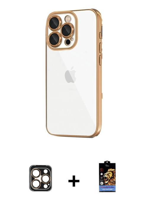 ieg™ iPhone 16 Pro Max Kılıf Vadi Minimal - Siyah Buffer Hayalet Cam Ekran Koruyucu + Gold PVD Metal