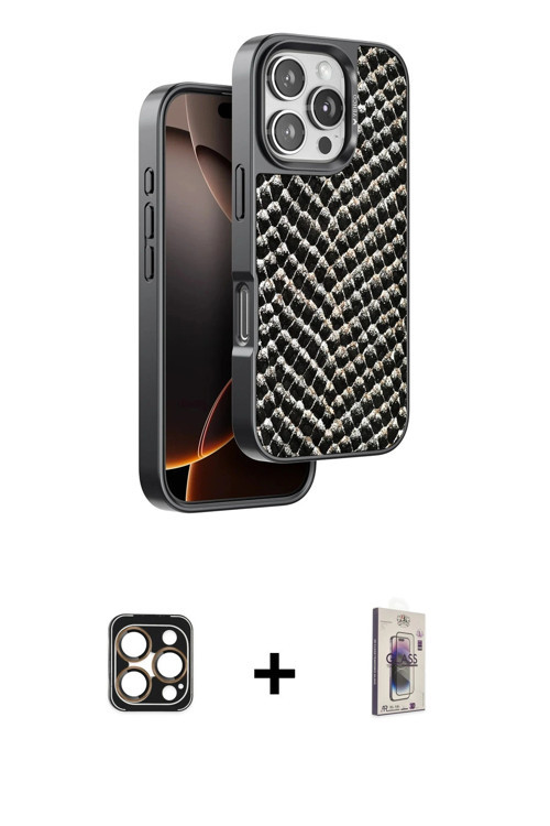 ieg™ iPhone 16 Pro Max Kılıf Vadi Özel Seri - Siyah Bilvis 3D Cam Ekran Koruyucu + Gold PVD Metal Ka