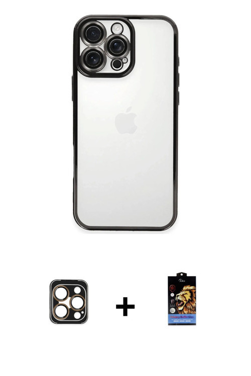 ieg™ iPhone 16 Pro Max Kılıf Vadi Minimal - Siyah Buffer Hayalet Cam Ekran Koruyucu + Gold PVD Metal
