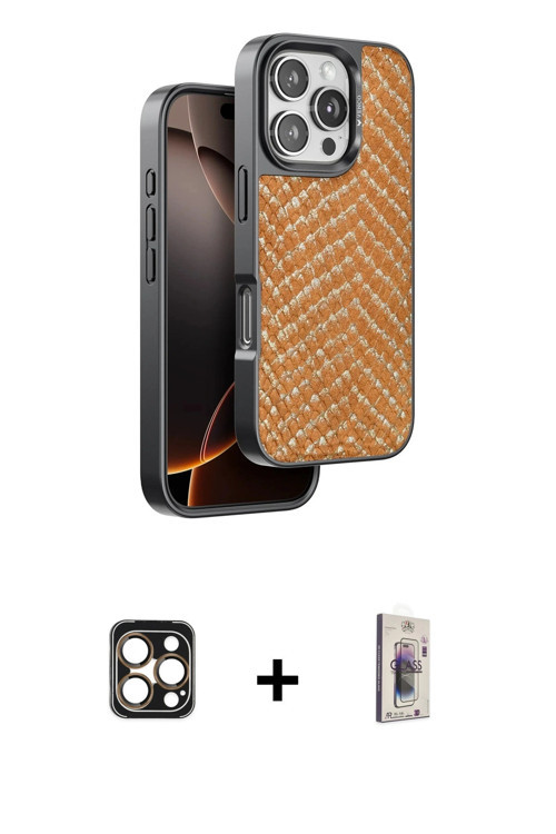 ieg™ iPhone 16 Pro Max Kılıf Vadi Özel Seri - Siyah Bilvis 3D Cam Ekran Koruyucu + Gold PVD Metal Ka