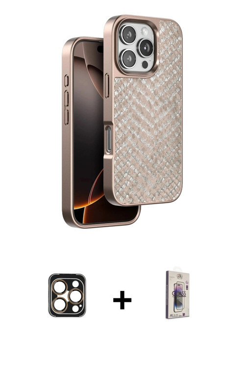 ieg™ iPhone 16 Pro Max Kılıf Vadi Özel Seri - Siyah Bilvis 3D Cam Ekran Koruyucu + Gold PVD Metal Ka