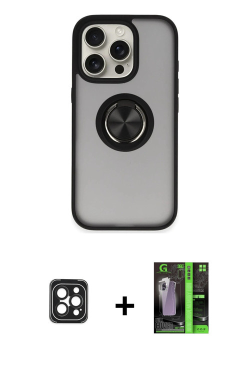 ieg™ iPhone 16 Pro Max Kılıf Yörünge Çizgi - Şeffaf 360 Full Body Arka Koruyucu + Siyah PVD Metal Ka