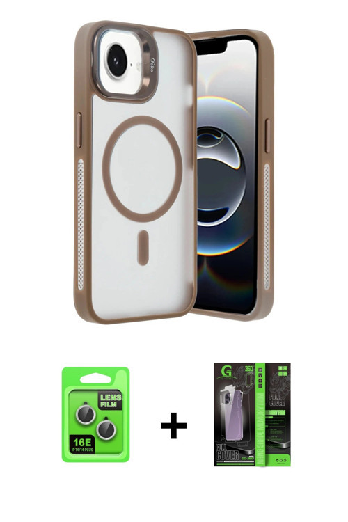 ieg™ iPhone 16E Kılıf Akış Form - Şeffaf 360 Full Body Arka Koruyucu + Gümüş Raze Metal Kamera Lens