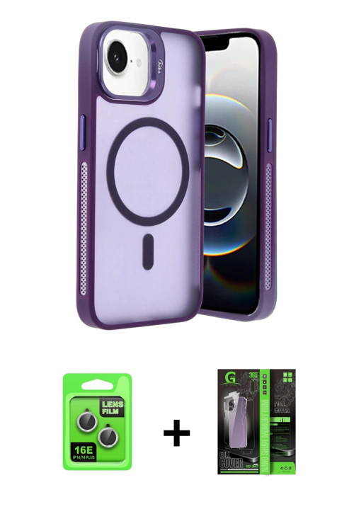 ieg™ iPhone 16E Kılıf Akış Form - Şeffaf 360 Full Body Arka Koruyucu + Gümüş Raze Metal Kamera Lens