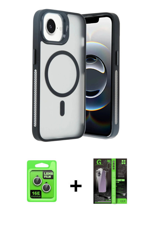 ieg™ iPhone 16E Kılıf Akış Form - Şeffaf 360 Full Body Arka Koruyucu + Gümüş Raze Metal Kamera Lens