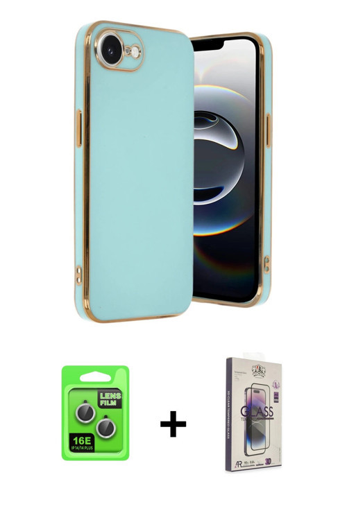 ieg™ iPhone 16E Kılıf Yankı Serisi - Siyah Bilvis 3D Cam Ekran Koruyucu + Gümüş Raze Metal Kamera Le