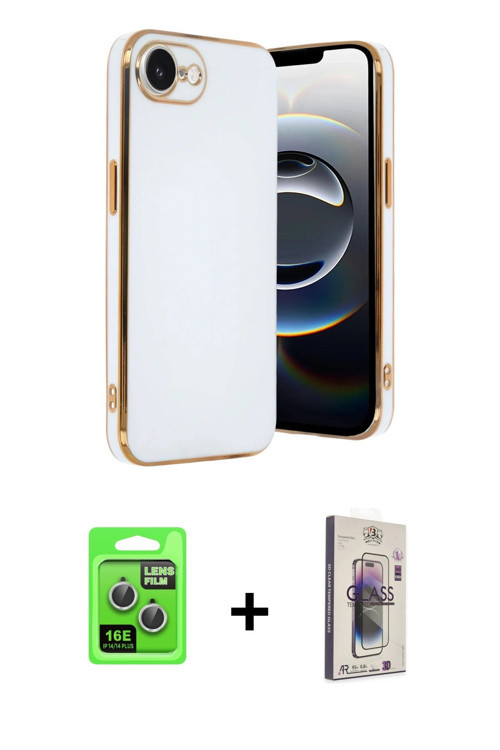 ieg™ iPhone 16E Kılıf Yankı Serisi - Siyah Bilvis 3D Cam Ekran Koruyucu + Gümüş Raze Metal Kamera Le