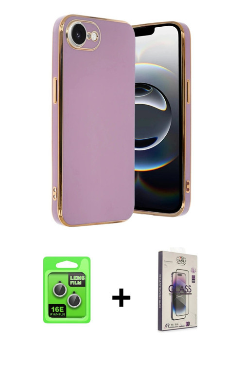 ieg™ iPhone 16E Kılıf Yankı Serisi - Siyah Bilvis 3D Cam Ekran Koruyucu + Gümüş Raze Metal Kamera Le