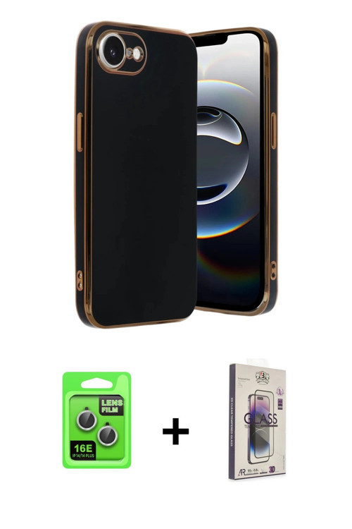ieg™ iPhone 16E Kılıf Yankı Serisi - Siyah Bilvis 3D Cam Ekran Koruyucu + Gümüş Raze Metal Kamera Le