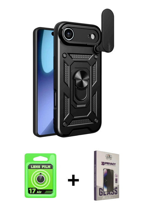 ieg™ iPhone 17 Air Kılıf Ahenk Klasik - Siyah Bilvis Hayalet Cam Ekran Koruyucu + Gümüş Raze Metal K
