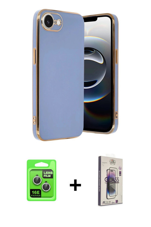 ieg™ iPhone 16E Kılıf Yankı Serisi - Siyah Bilvis 3D Cam Ekran Koruyucu + Gümüş Raze Metal Kamera Le